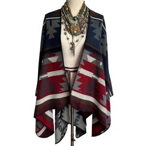 Western Tribal Aztec Reversible Shawl Ruana Cape Wrap One Size